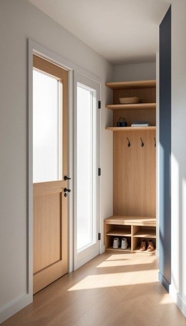 Ljus hall med träförvaring, sittbänk, krokar och skofack